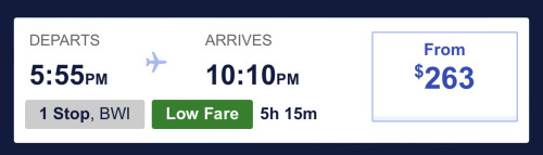screenshot of a flight for $263 1 one way