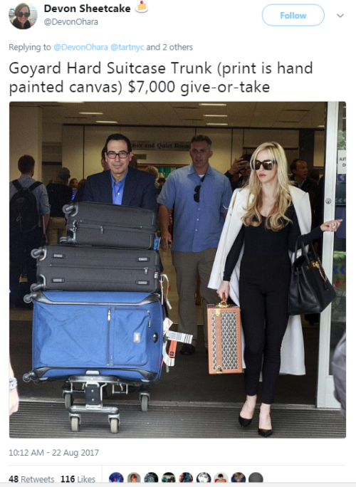 thetrippytrip: Louise Linton gets what she deserves on Twitter.Thanks Working Families Party twitter account for making this post. The thread is amazing.‘I apologise for my post on social media yesterday as well as my response. It was inappropriate