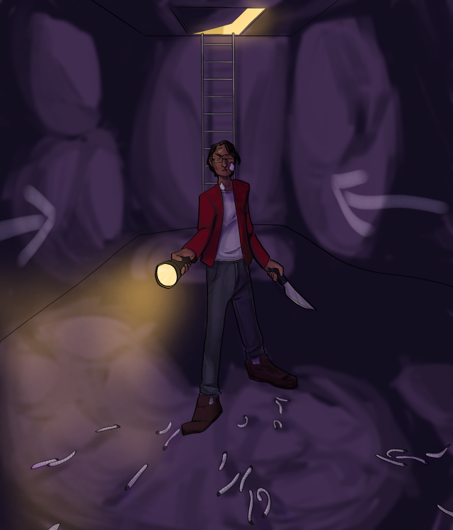 A digital painting of Jon Sims holding a flashlight and a knife in the tunnels. Chalk arrows on the walls point behind him to a ladder leading to a trapdoor. Worms lay in front of him. He looks wary but determined. He's wearing several bandages, but a couple of worm bites are still open and bleeding. His eyes glow the same yellow as his flashlight.