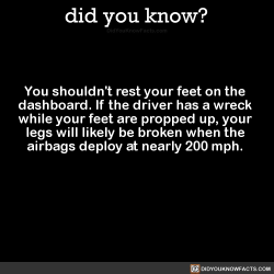 did-you-kno: You shouldn’t rest your feet on the  dashboard. If the driver has a wreck  while your feet are propped up, your  legs will likely be broken when the  airbags deploy at nearly 200 mph.   Source Source 2