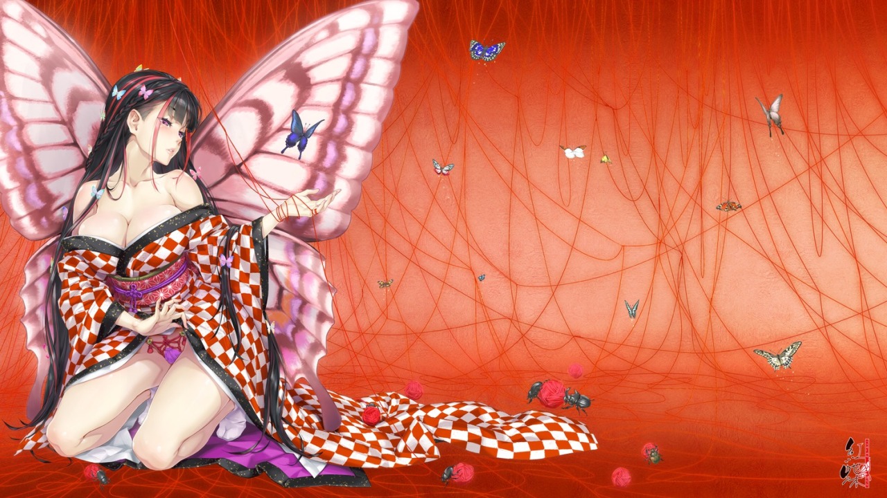 happoubi jin cleavage kimono open shirt pantsu skirt lift wallpaper wings | #383983