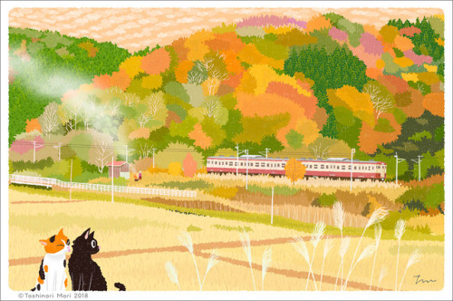 猫好きイラストレーター「もりとしのり」が描く〜四季を旅する猫〜『たびねこ』イラストシリーズ「秋色パッチワーク」です。秋色の山の麓を走るのは、最近復活した『新潟色』カラーの電車（信越本線）です。その電車