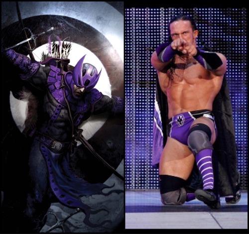 sawftuce:  WWE COMIC BOOK PARALLELS Part 1  Seth Rollins-Batman (Adrian) Neville-Hawkeye Dean Ambrose-Wolverine AJ Lee-Harley Quinn Paige-Raven