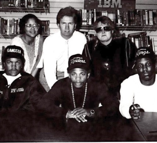 Ice Cube, Eazy, and Ren during autograph singing. Circa 1988 