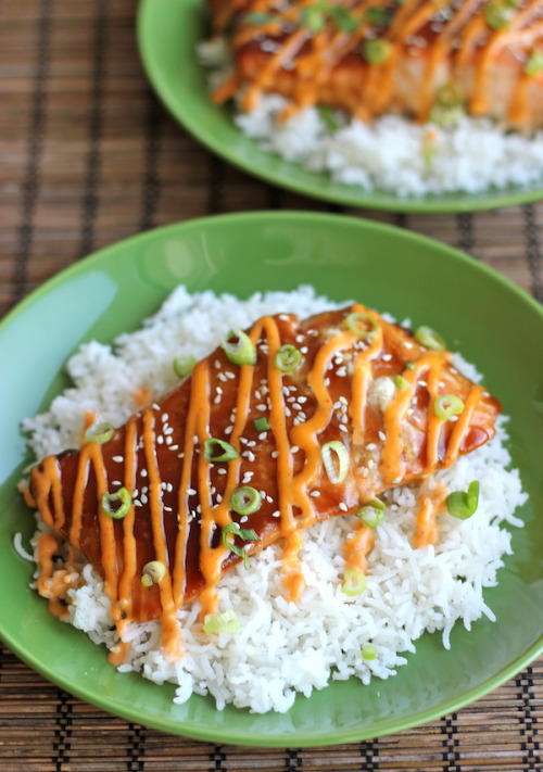 do-not-touch-my-food:Teriyaki Salmon with Sriracha Cream SauceI need this.  I WANTS it, precious!