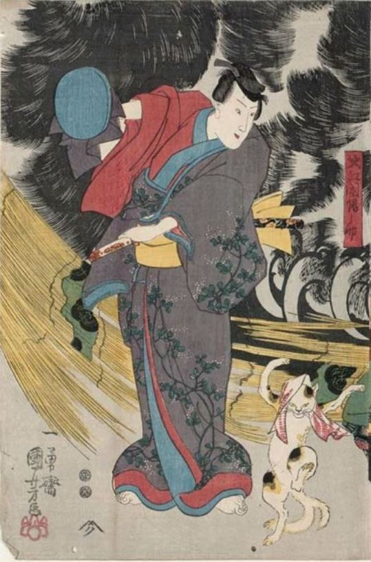 fujiwara57: Triptych - “An imaginary scene of the origin of the cat stone at Okazaki”,