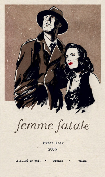 thissacredheart:ermengarde:magdalenaszymaniec:Femme Fatale, wine label design, brush pen, typewriter