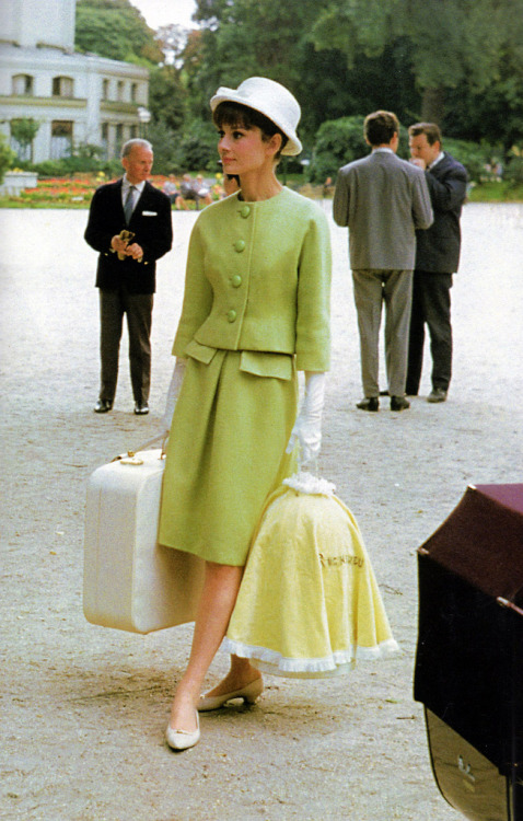 Audrey Hepburn on the set of “Paris When it Sizzles” in 1962 wearing a mint green G