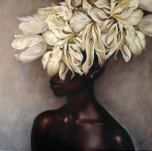 Cor Lap (Dutch, b. Deventer, Overijssel, Holland, based Oldenzaal) - White Flowers On Black Woman, 2