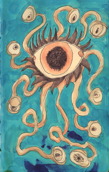  Beholders drawn by Matt Bernson. Ink & watercolor on paper,  5"x8" 