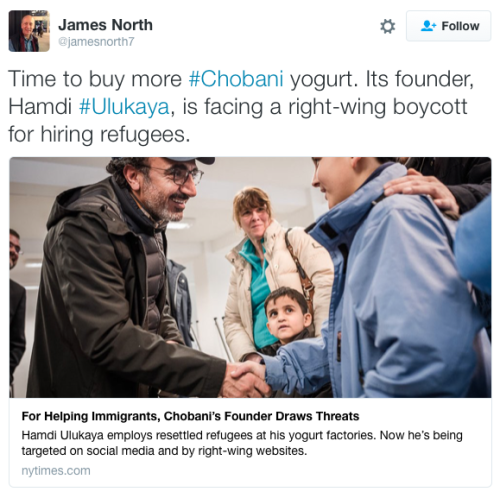 myresin:  micdotcom:  Immigrant-owned yogurt giant Chobani employs other immigrants, so the alt-right is boycotting Chobani founder and owner Hamdi Ulukaya is a Turkish immigrant who has advocated strongly for companies to hire migrants. Refugees make