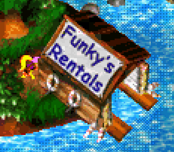 slbtumblng: suppermariobroth: Funky’s Rentals in Donkey Kong Country 3 on the SNES on the left and in Donkey Kong Country 3 on the Game Boy Advance on the right.  