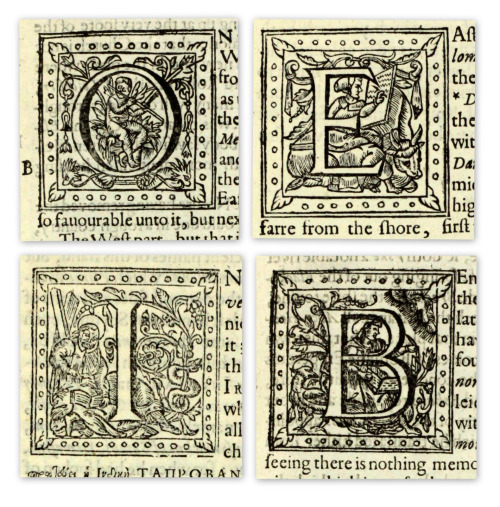 Detailed engraved initial letters from Camden’s BrittaniaLondon 1610