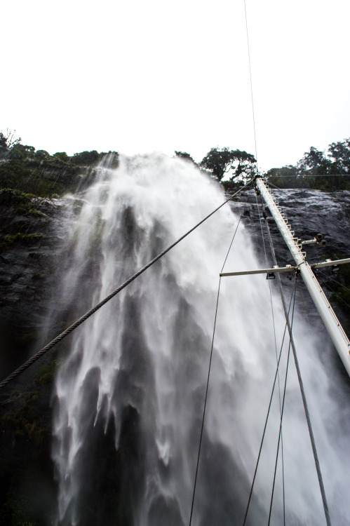 Looking up at one of the permanent waterfalls in Milford Sound.Milford Sound, Fiordland, South Islan