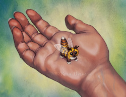 eskiworks:  Kitten Bee A tiny predator to hunt mosquitoes, aphids, and other pests for you!  Keeps company with bumble bees and honey bees, purrs are very smol. Prints - https://www.etsy.com/listing/550051517/kitten-bee-print 