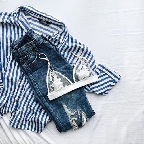 rehvival: parisfashionn:  Blue Lapel Vertical Stripe Dip Hem Blouse White Lace Trim Embroidered Mesh