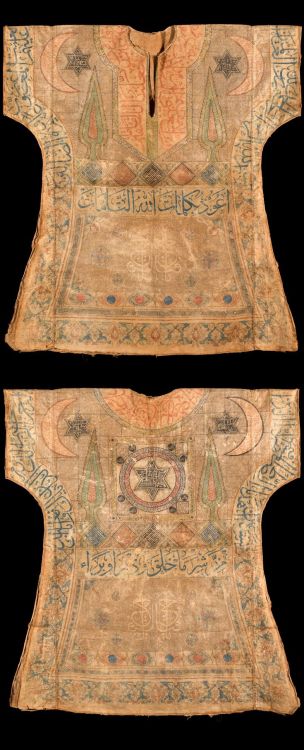 An Ottoman talismanic cotton shirt (Jama) covered with text written in a variety of scripts, includi