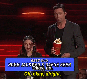 marvel-is-ruining-my-life:  Hugh Jackman and Dafne Keen accept the MTV Movie Award for Best Duo for Logan 