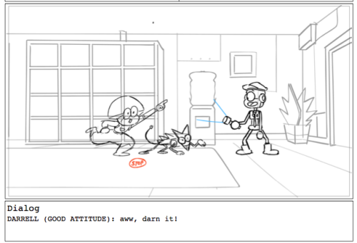 Some cute selected storyboard drawings of Darrell and Shannon scenes, for Villains Night In! Credit 