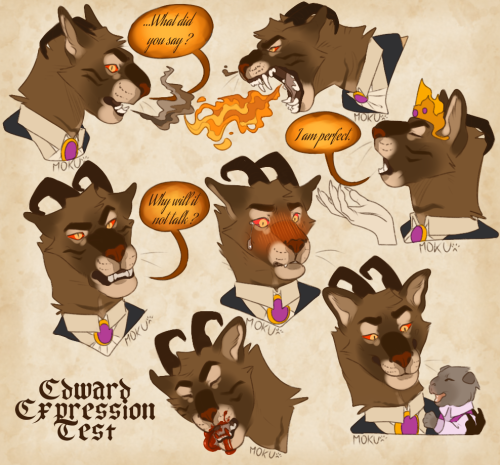 A digital artwork, featuring seven expressions of King Edward, who is a dark brown cat with a dark fur mask on his face and curled dark horns. He wears a yellow jacket with blue accents on the opening, with a cream shirt and a white shawl around his neck held by a round gem with gold accents. The background is of a yellow, old stained paper, with darker edges. The expressions are detailed in the close-up of each, featured below the notes.