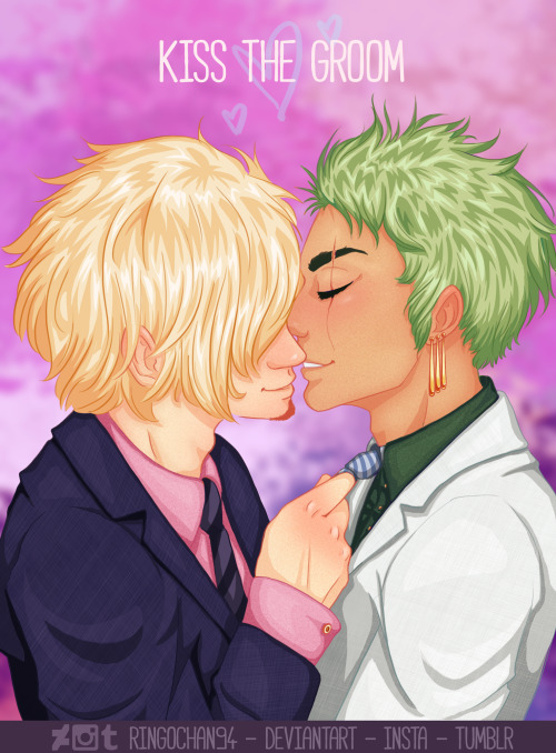 ringochan94:  Kiss the Groom  Married Zoro and Sanji? Fuck yes. Zoro in a white suit? Fucking hell y