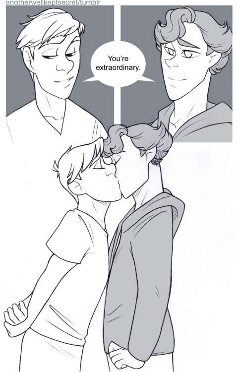 anotherwellkeptsecret:“You’re extraordinary.” Greyscale lineart comic commissioned by queersherlocki