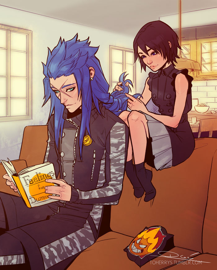 toherrys:  Xion playing with Isa’s hair~ Roxas got him that book…Quick one to