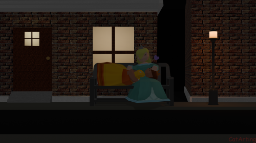 in a city at night outside of a dimly lit window. Princess daisy lays on a bench resting her head in Rosalina's lap as rosalina pets her gently and holds her hands