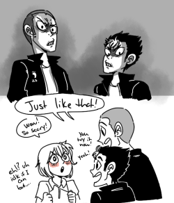 khajidont:  tanaka and nishinoya teaching yachi how to a scary punk like them (ò v ó ) saeko suddenly appears to kidnap yachi to teach her how to be a real punk. tanaka and noya are devastated but can’t do anything about it because they’re in awe