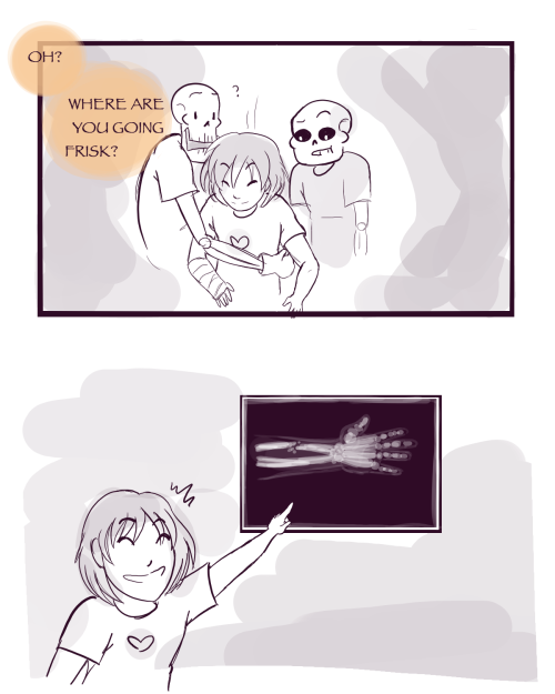 quicksilver26:  Don’t be like that, boys, Frisk just wanted to show you their cool X-ray! Humans sure are resilient! I figured the bone brothers would be easily freaked out by broken bones. This has been sitting on my computer unfinished since before