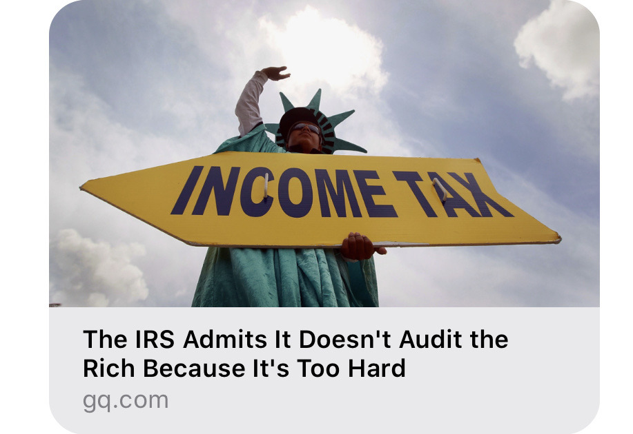 politijohn:politijohn:Today I learned the IRS doesn’t audit rich people because it’s too much work. Americans owe a cumulative 责 billion in unpaid taxes, enough to completely fund the Department of Ed. for 2 years…Most of this unpaid tax