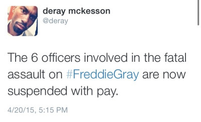 krxs10:UNARMED BLACK MAN KILLED IN POLICE CUSTODY  On April 12, Freddie Gray, healthy and whole, was arrested by the Baltimore Police.According to his family and attorney Billy Murphy, when Freddie arrived at the hospital he had three broken vertebrae,