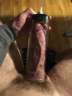 hassle83:  So I bought a pump from Mr. S Leather to amuse myself (har-har) and see what my dick would look like bigger. Sadly it reaches the end without really being pumped. 