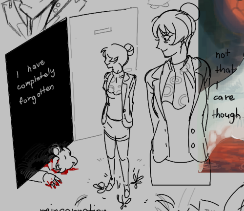 "I have completely forgotten."
Mariella looks at an open door, the inside pitch black. A dead bleeding body resembling Mariella is barely visible outside. Mariella is unfazed.
"Not that I care though."
