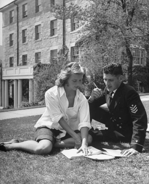 fuckyeahvintage-retro:  Married college girl studying chemistry with help from her husband. Con