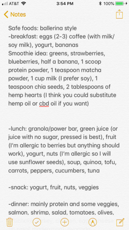 Some ideas on food that I’ve gotten while reading articles on ballerinas. You pick a few from each c