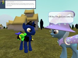 ask-the-out-buck-pony:asktrixandberry:Trixie: I’ll pay for your work. Ft. Jazz and Blue @ask-the-out-buck-pony(True Blue) strike me pink what in the world did you do? ok just let me go take Jazz home and ill get my tools Meeps Oo;;