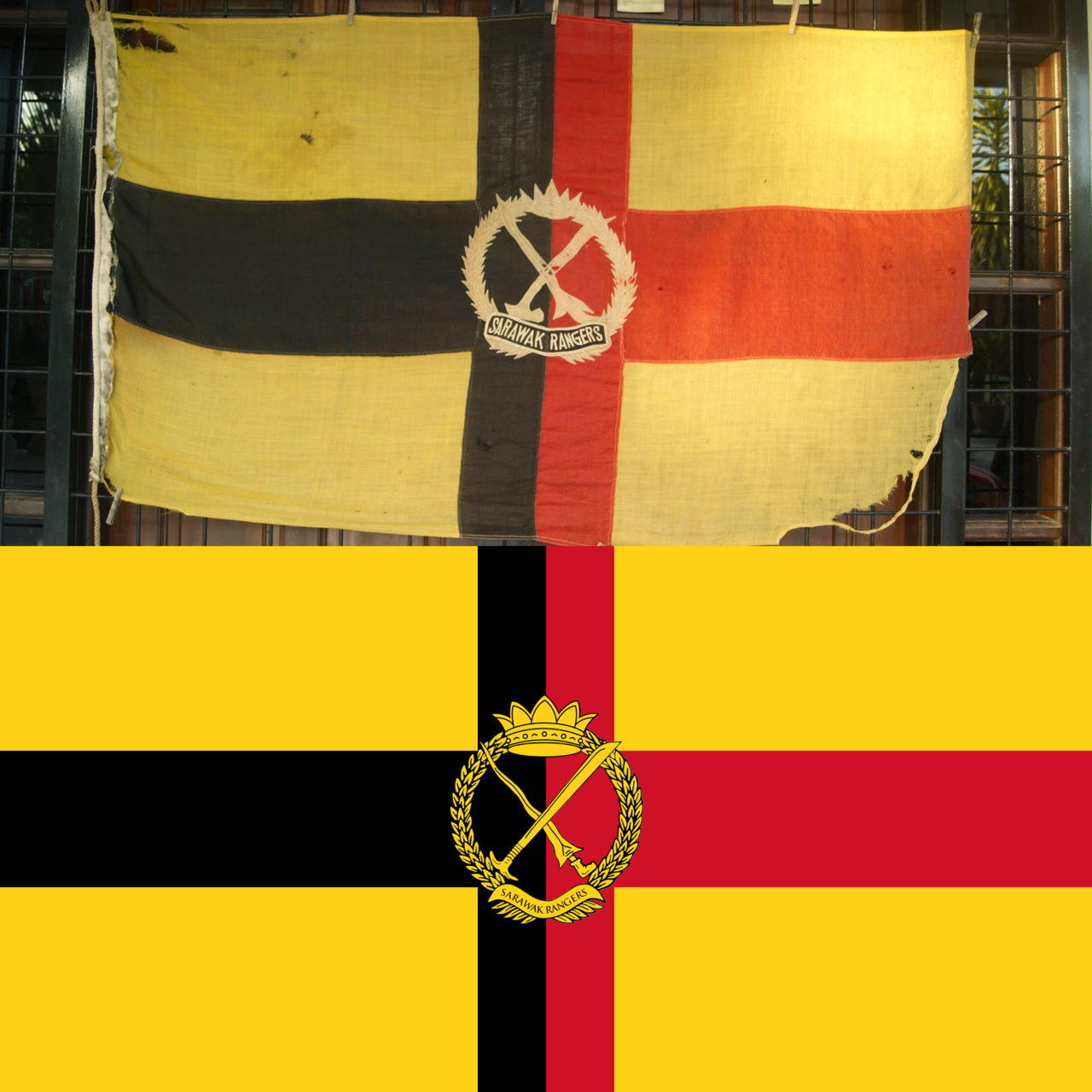 Digital recreation of the flag of Sarawak Rangers, a paramilitary force created during the Rajah Sir Charles Brooke period in Sarawak, with IRL flag. from /r/vexillology
Top comment: What was behind the choice to not recreate the text in the same...