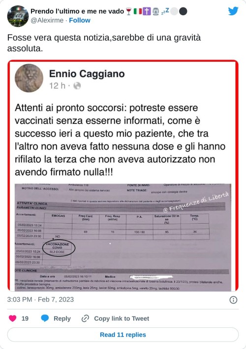 Fosse vera questa notizia,sarebbe di una gravità assoluta. pic.twitter.com/b5hWJpA0h6  — Prendo l’ultimo e me ne vado🍷🇮🇹✝️🗿💤⚪️⚫️ (@Alexirme) February 7, 2023