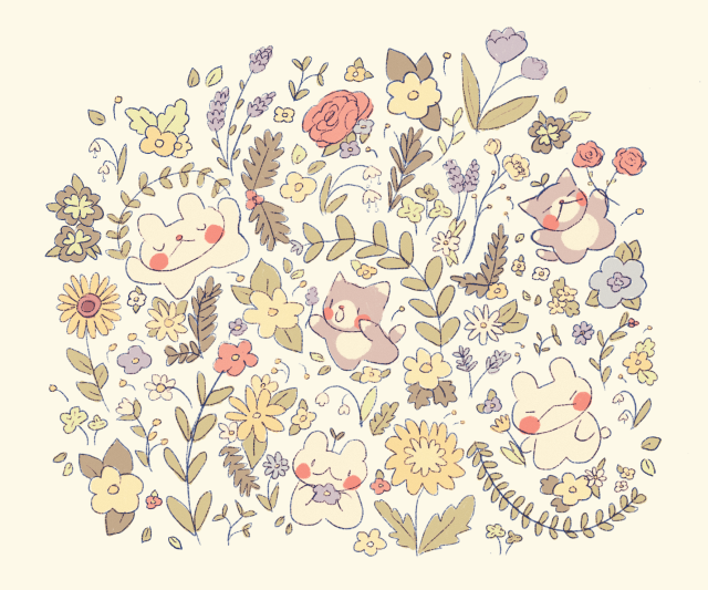 a digital drawing of bunnies and cats surrounded by many flowers and leaves. The bunny on the top left is holding a vine of leaves above their head like a skipping rope. The bunny in the middle is holding a blue flower gently with both paws. The bunny on the right has a grumpy expression and is holding a yellow flower. The cat on the left looks surprised and is holding a lavender like flower. The cat on the right is holding two red roses!