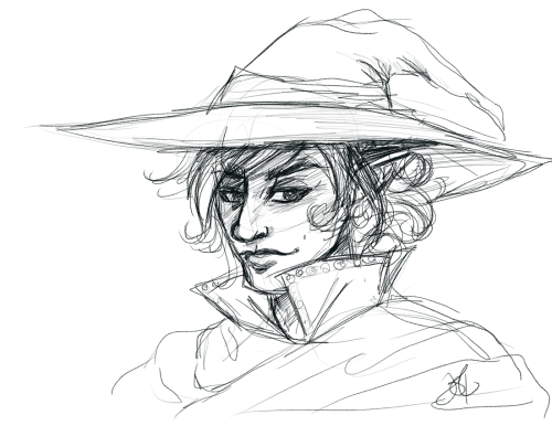 halcyonhowl:[Img ID: a pencil sketch bust of Taako from the Adventure Zone. He is wearing a wide-bri