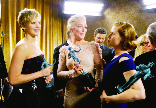 Jennifer Lawrence, Elizabeth Rohm and Amy Adams after winning Outstanding Performance by a Cast in a