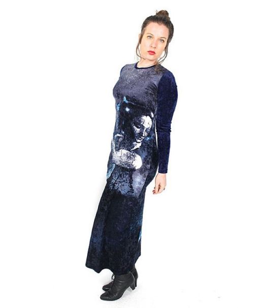 Vintage 90s Michelangelo photo print crushed velvet maxi dress. Rate rad Renaissance print. Dress is