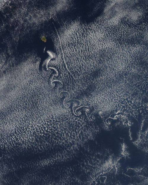 These swirling clouds captured by NASA’s Terra Satellite are known as Von Karman vortices.They are c