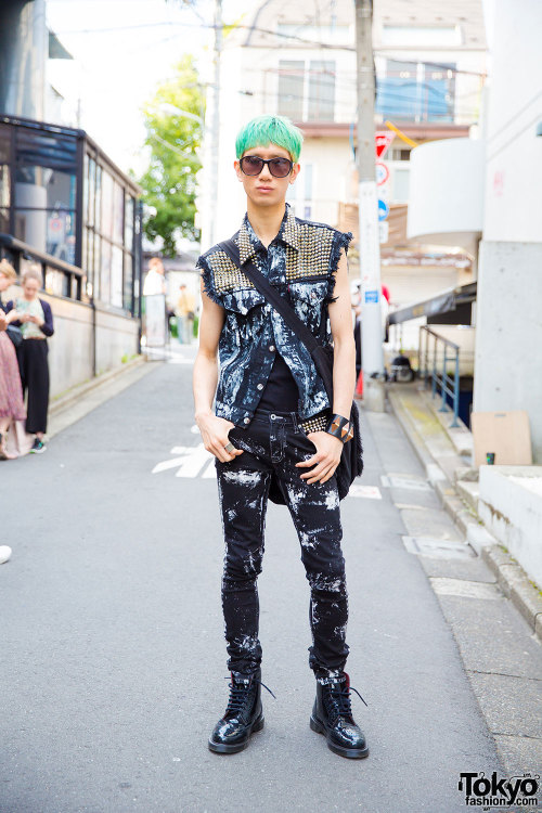 Crimson Skeleton on the street in Harajuku wearing a punk inspired look with a Z.Vargas studded vest