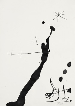 thunderstruck9: Joan Miró (Catalan/Spanish, 1893-1983), Femme et oiseau dans la nuit II, 1971-72. Brush and ink on paper, 49.5 x 35.2 cm. via themodernartists 