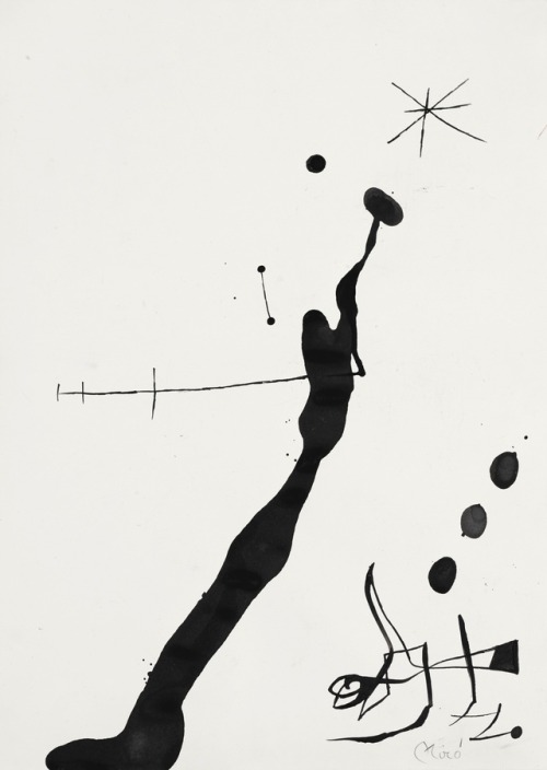 themodernartists:Joan Miró (1893-1983), Femme et Oiseau Dans La Nuit II, 1971-1972. Brush and ink on