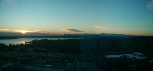 View from my office window overlooking Lake Washington, Seattle and the Olympic Mountains from Bellevue. What a sunset!