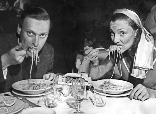 Diana Menuhin, the legendary ballet dancer eats pasta with violinist husband Yehudi Menuhin before a