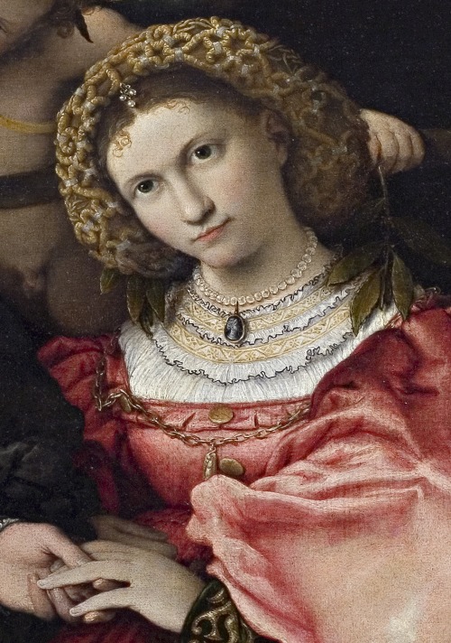 alaspoorwallace:Lorenzo Lotto (Italian, 1480-1556/1557), Marsilio Cassotti and his Wife Faustina (detail and overall), 1523. Oil on canvas, 71 x 84 cm. Museo del Prado, Madrid